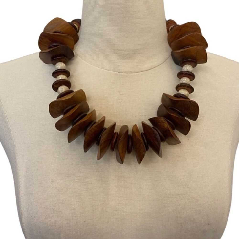 Vintage Oversized Handmade Boho Chunky Wooden Marble Hippie Statement Necklace